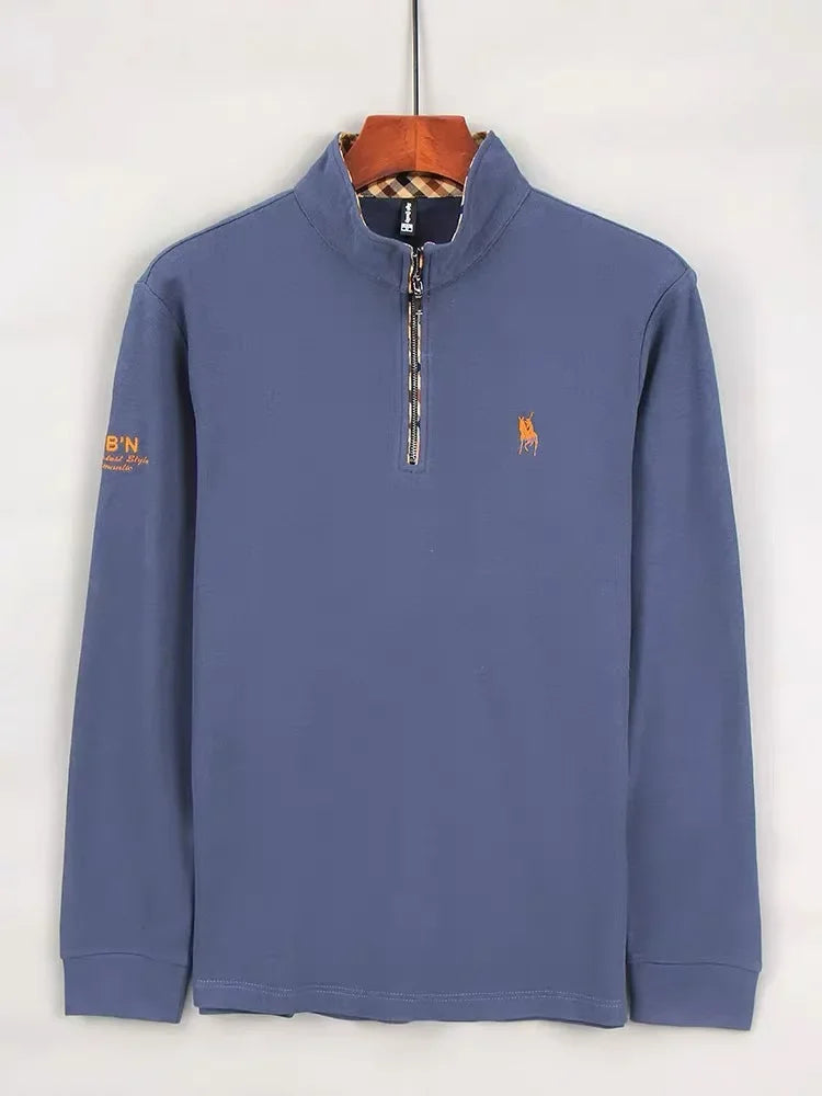 Luxury new Half Zipper Long Sleeve T-shirt 100% Cotton Brand Embroidered Stand Collar Men's Clothing Autumn Casual polo shirt