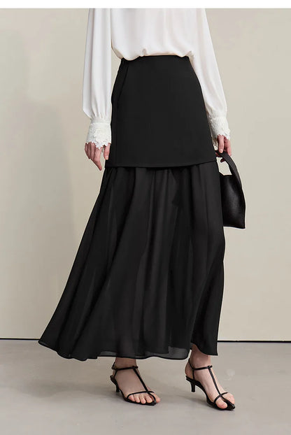 Women's Skirt 2026 Spring New Elegant Patchwork Chiffon Long Skirt Solid Color Straight Versatile Woman Clothes 12641047