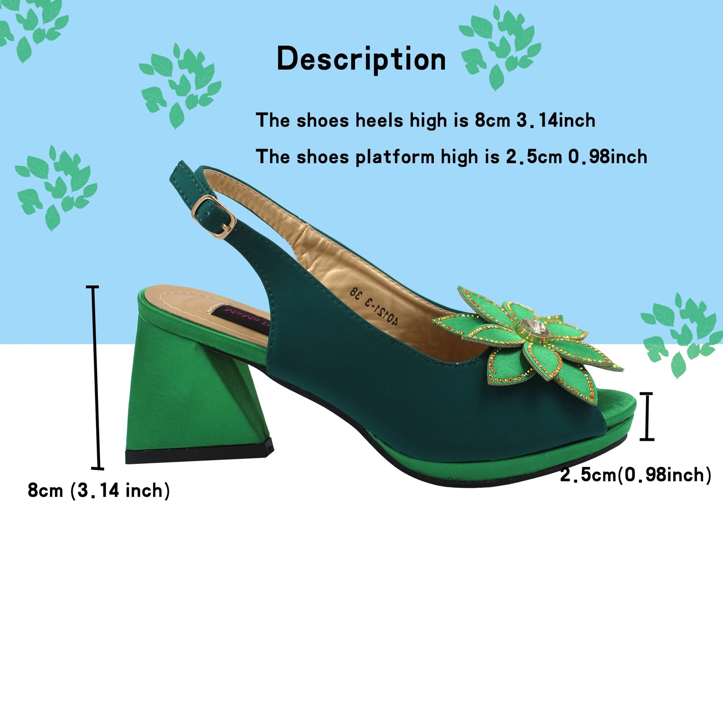 Design Italian Women Shoes and Bag Set in Green Color High Quality Comfortable Heels with Appliques for Wedding