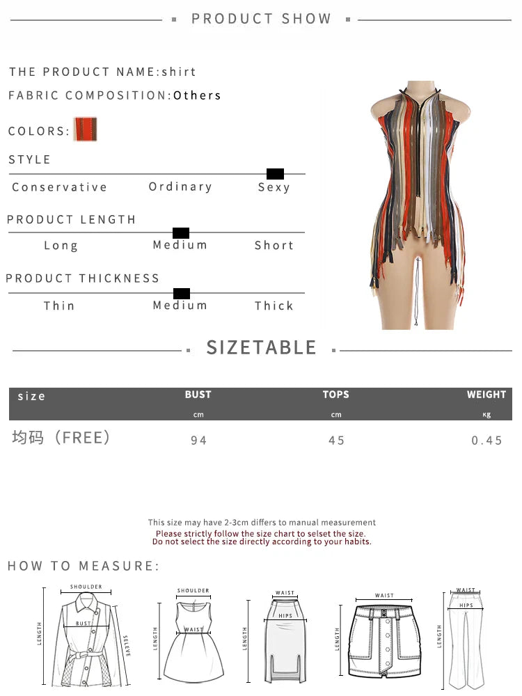 Backless Irregular Hem Tank Tops Woman Colorful Stripe Halter Multiple Zip Design Bandage High Street Hip-Hop Style Vests
