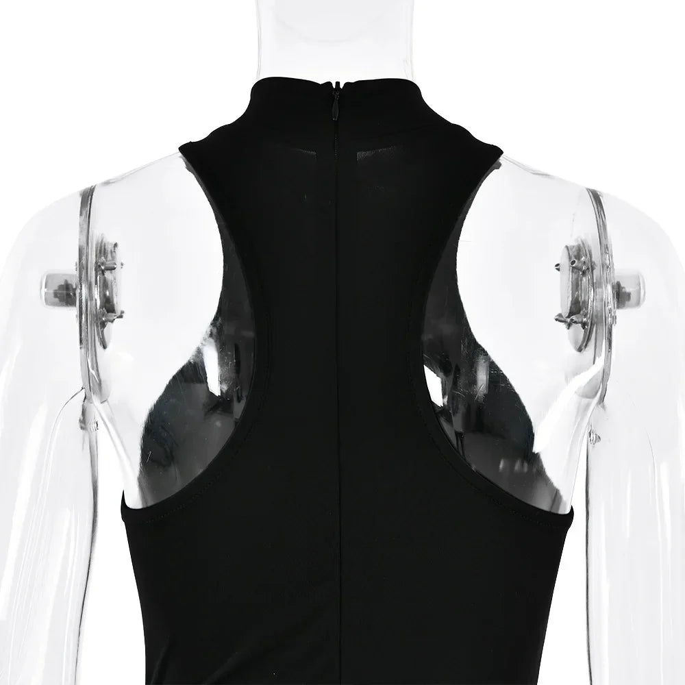 Satin Sexy Hollow Out Women Maxi Dress Black Sleeveless High Waist Dress Female Autumn Skinny Elegant Party Clubwear