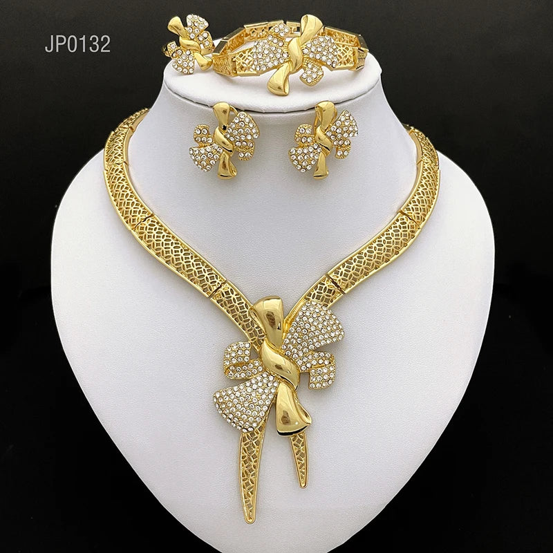 Conjunto de Joias Femininas Banhadas a Ouro 18k, Design Clássico, Colar, Brinco, Pulseira e Anel, Conjunto de 4 Peças, Joias para Festa de Casamento, Itália