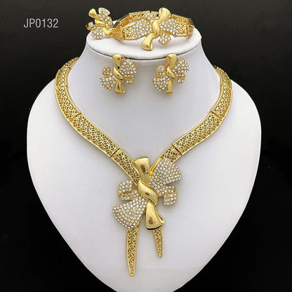 Conjunto de Joias Femininas Banhadas a Ouro 18k, Design Clássico, Colar, Brinco, Pulseira e Anel, Conjunto de 4 Peças, Joias para Festa de Casamento, Itália