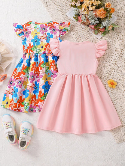 2-Pack - Girls' Fashionable Summer Dresses, Children's Clothing, Floral Butterfly Print, Round Neck, Flutter Sleeves, Waist-Cinching, Bowknot, Mid-Length Dress, Summer Wear, Simple and Comfortable Casual Versatile Youthful Ch