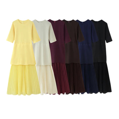 Women Elegant Half Sleeves O-Collar Pleated Dress Spring Woman Rear Zipper Splicing Vintage Casual Knitted Long Dress
