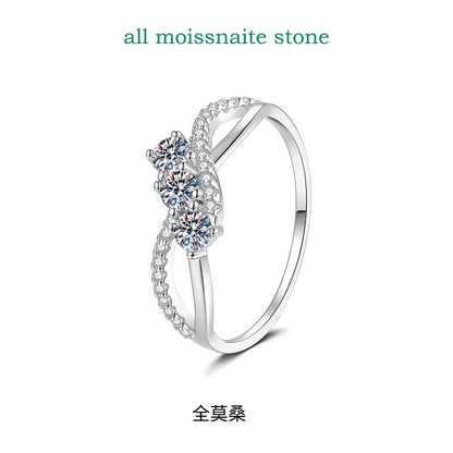 Real S925 Sterling Silver Moissanite Ring for Women 3 Stone Twisted Band Halo Gift for Her D Color VVS1 Dainty Jewelry