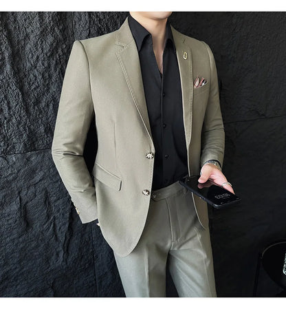 Men's Korean Style Slim Fit Suit Set, High Quality Fabric Solid Color Edge Pressing for Wedding Business