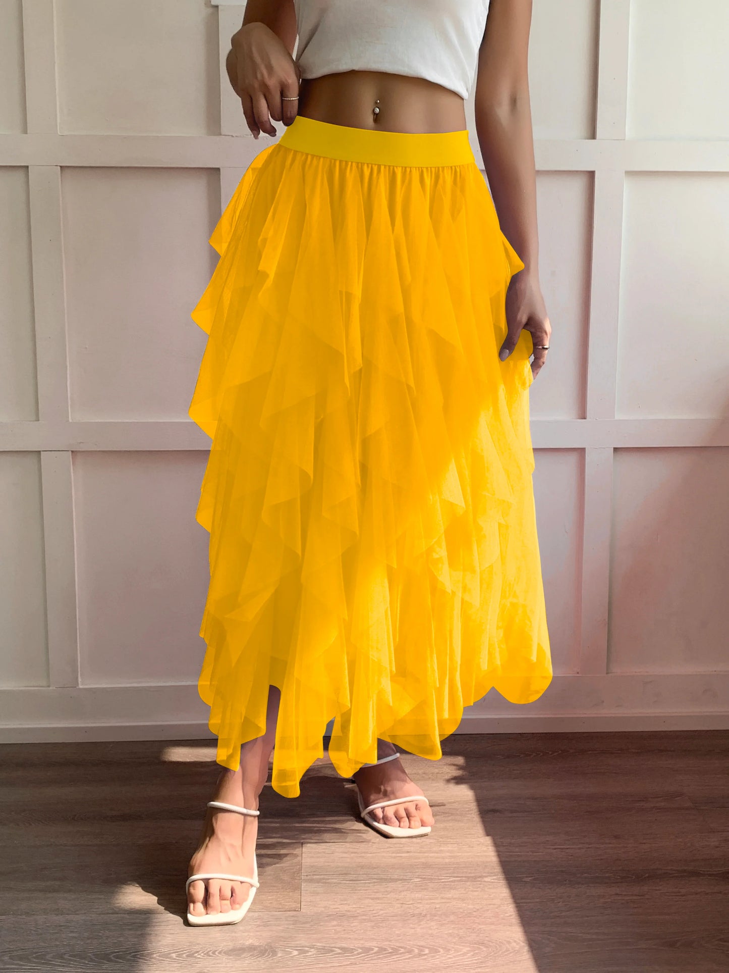 Medium waist chiffon long skirt for women, irregular layered pleated edge layered cake skirt, elegant fairy A-line skirt