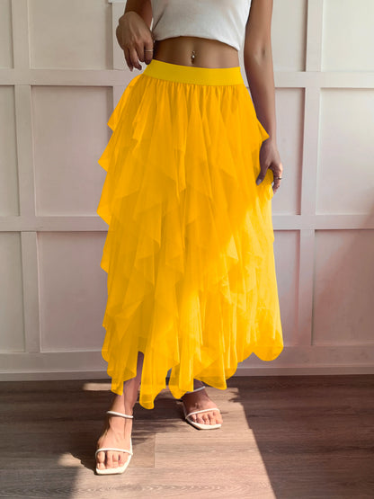 Medium waist chiffon long skirt for women, irregular layered pleated edge layered cake skirt, elegant fairy A-line skirt