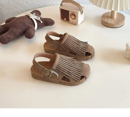 Summer Peep Toe Tassel Children Shoes Girls Sandals Soft Bottom Flat Heel Buckle Girl's Shoes Back Strape Slingbacks Shoe I05285
