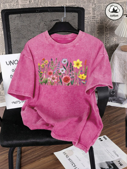Rich Colors Simple Flowers Print Washed Female T-Shirt Summer Breathable T-Shirt Cotton Soft Short Sleeve All-Match Streetwear