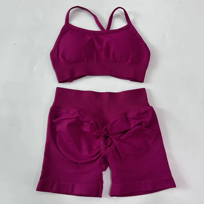 No Logo Women 2 Pieces Yoga Set Cross Straps Bra Beautiful Back Tops High Waist Sport Short Scrunch Bum Workout Short Gym Suit
