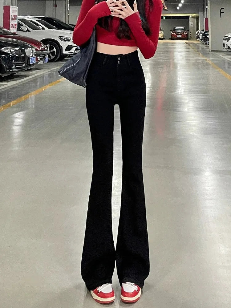 Autumn Winter American Sle High Waist Slim Fit Drapey Micro Flared Jeans Women's Premium Denim Pants