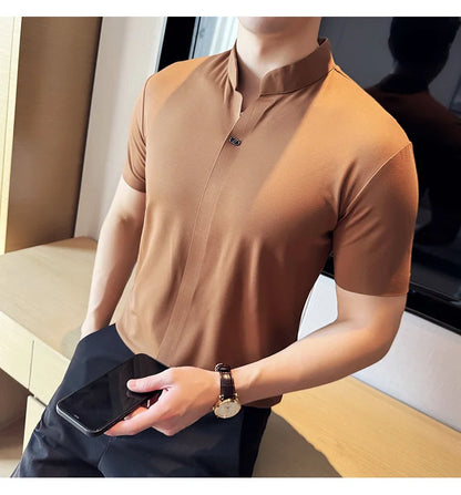 Men's High Elastic V-neck Polo Shirt, Thin Short-sleeve T-shirt, Business Casual Men's Top, 2024 High Quality, M-4XL.