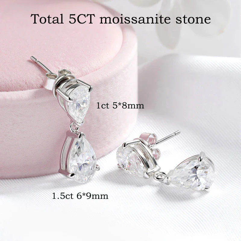 Double Water Drop All Moissanite Drop Earrings for Women Pear Cut Classic Wedding Bridal Jewelry S925 Sterling Silver