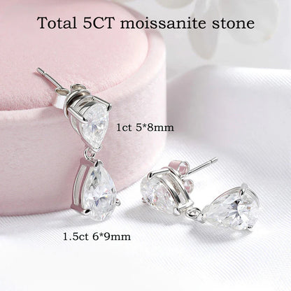 Double Water Drop All Moissanite Drop Earrings for Women Pear Cut Classic Wedding Bridal Jewelry S925 Sterling Silver