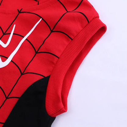3pcs Cartoon Print Spiderman Cosplay Costume Autumn Kids Boys Sleeveless Hooded Vest +T Shirt+Pant Tracksuit Children Outfits