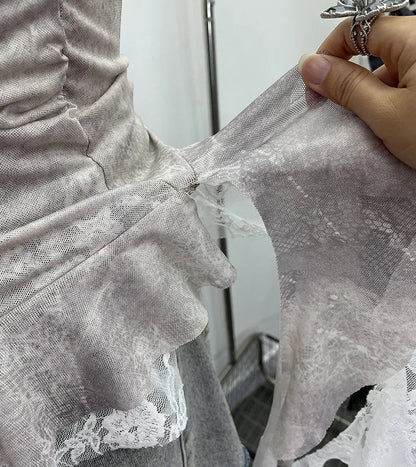 Summer Y2K Camisole for Women Casual Spaghetti Straps Double Layers Lace Stretch Mesh Patchwork Asymmetrical Slim Tops