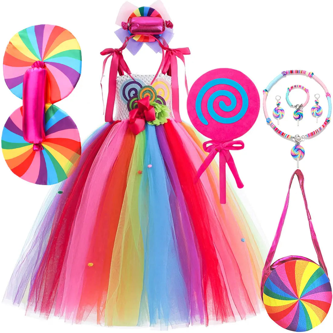 2026 New Candy Dress For Baby Girl Purim Carnival Birthday Costume Fancy Rainbow Short Sleeve Cute Dress + Accessories Set