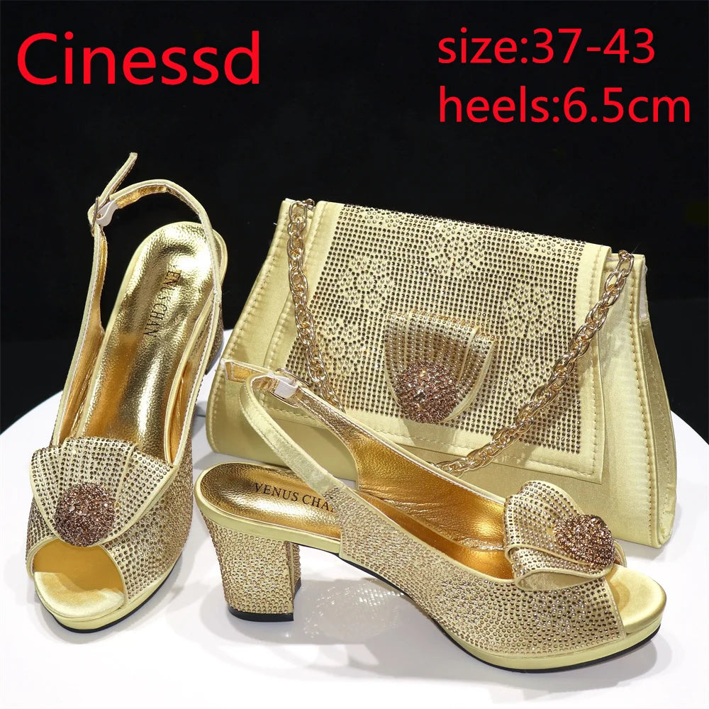Square Heels with Platform Peach Color Nigeian Women Shoes and Bag Set Full Crystal Pumps for Christmas Dinner