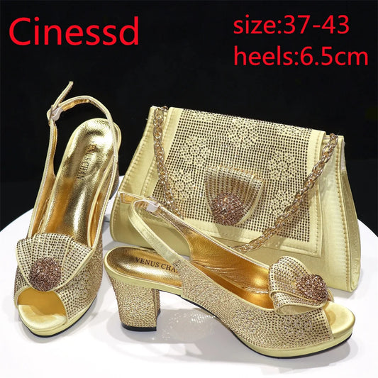 Square Heels with Platform Peach Color Nigeian Women Shoes and Bag Set Full Crystal Pumps for Christmas Dinner