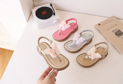Korean Style Little Girl Sandal Clip-toe Children's Princess Beach Slippers Sweet Lace Butterfly Kids Fashion Flat Sandals New