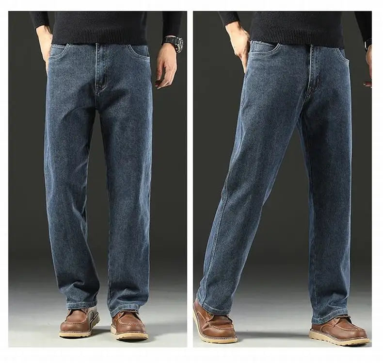 Men's Spring Autumn Soft Baggy Jeans Casual Straight Stretch Wide-Leg Business Denim Pants Versatile Comfortable Loose Trousers