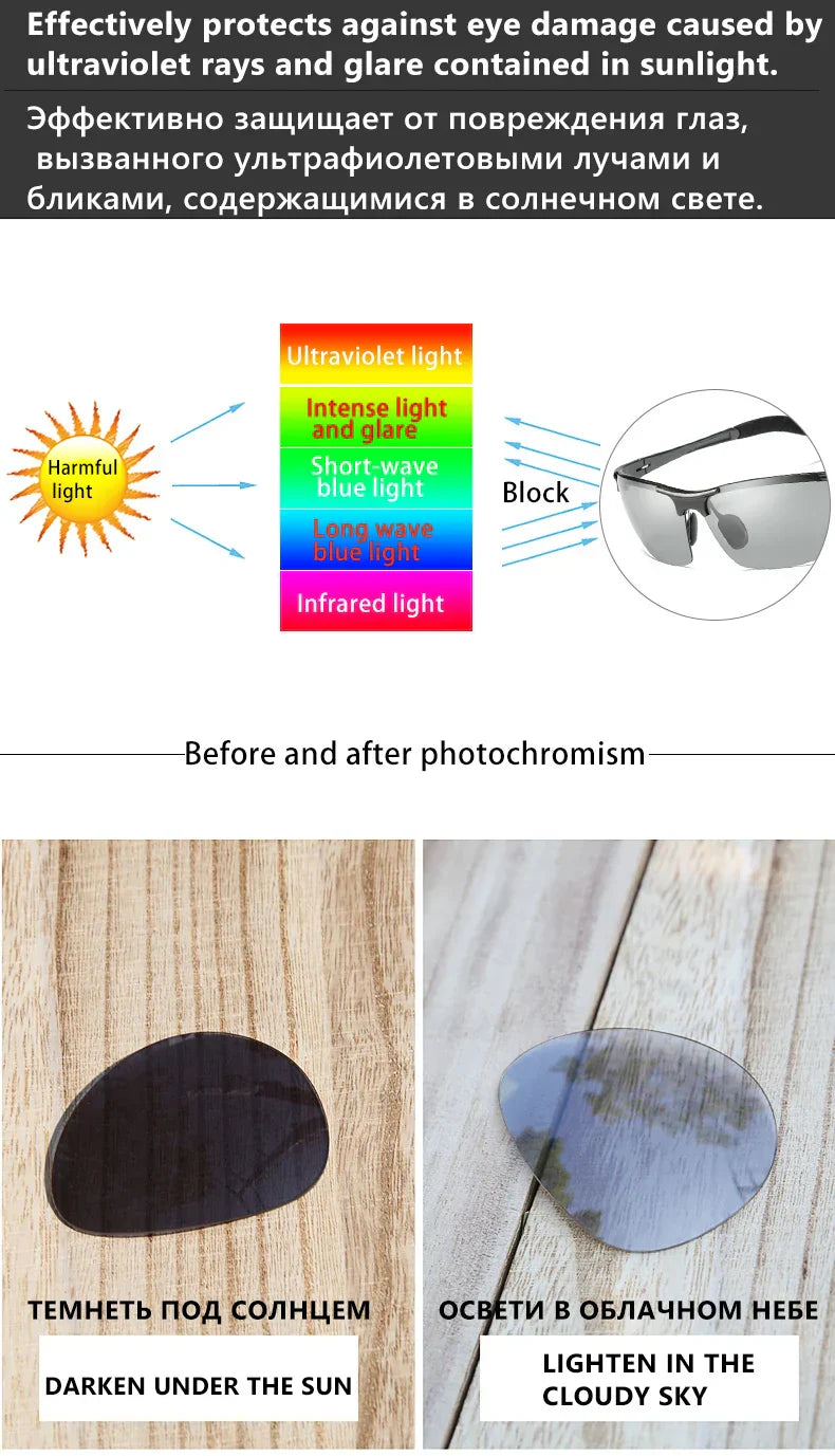 Aluminum Photochromic Sunglasses Men Polarized Day Night Driving Chameleon Glasses Anti-Glare Change Color Sun Glasses UV
