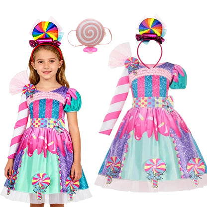 2026 Kids Purim Disguise Rainbow Candy Dress With Headband Lollipop Cosplay Costume Children Dress Birthday Carnival Party Gift