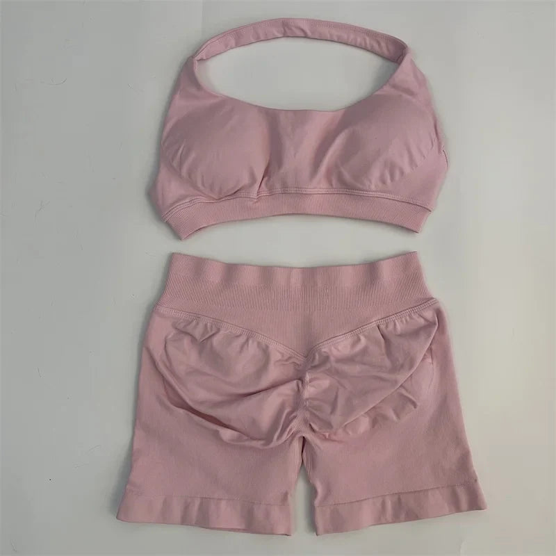 Yoga Shorts Set Seamless Yoga Set Workout Scrunch Shorts Sets Halter Sports Bra Scrunch Shorts Fitness Clothes Gym Suit