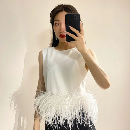 Black Patchwork Feathers Korean Fashion Shirt Top Women Round Neck Sleeveless Slim Tops Female 2021 Summer Clothing