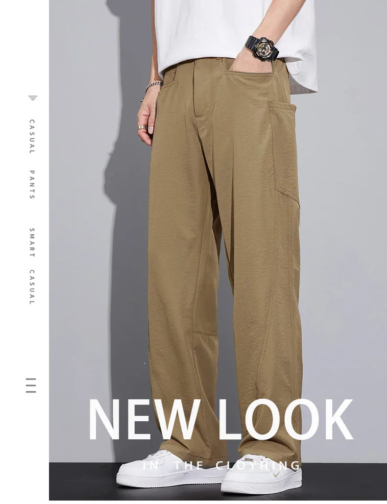 2026 Summer Thin Men's Loose Pants with Large Pockets Work Style Casual Straight Solid Color Male Simple Baggy Pants