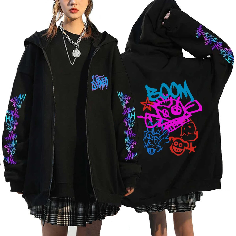 Hoodies Monkey Graffiti Zipper Jacket Harajuku Anime Arcane Boom Oversized Unisex Hip Hop Sweatshirt Casual Y2K Tops