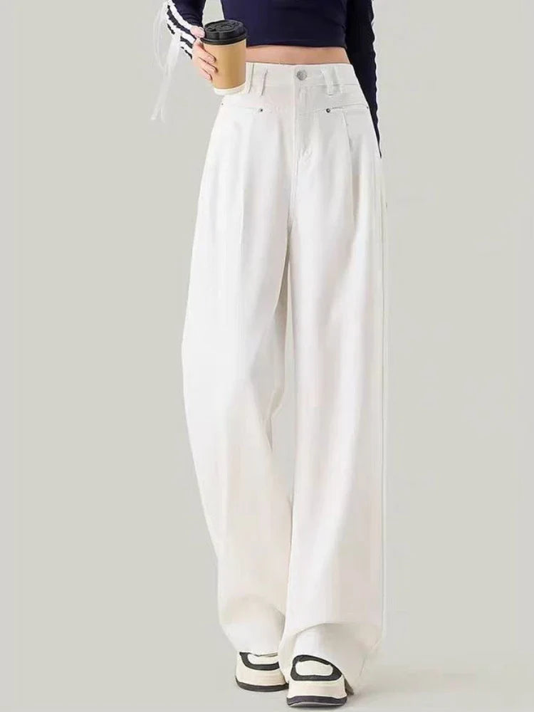 Autumn Spring Denim Pant Women Jeans Vintage Straight Trousers Fashion Female White Black Wide Leg Pants Casual Jeans