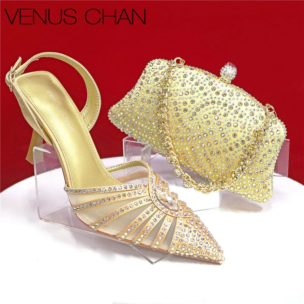 Elegant Fruit Green Women's Heels and Rhinestone Handbag Set - Italian Design for Weddings and Parties