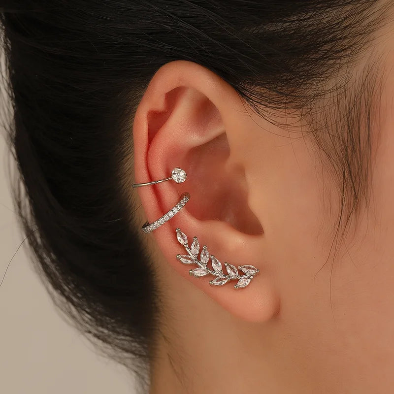 Fashion Exquisite Crystal Zerconia Ear Cuff Earrings for Woman Non Piercing Leaf Clip Earrings Christmas Jewelry Gift