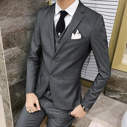 Suit (Blazer+vest+pants) Men's Fashion Business Korean Version of Solid Color Slim-fit Wedding Professional Gentleman Dress 6XL