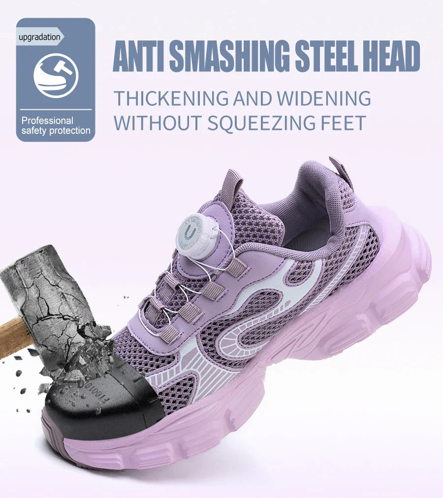 Summer button women's steel head safety shoes Smashing breathable upper Workshop factory women's work shoes