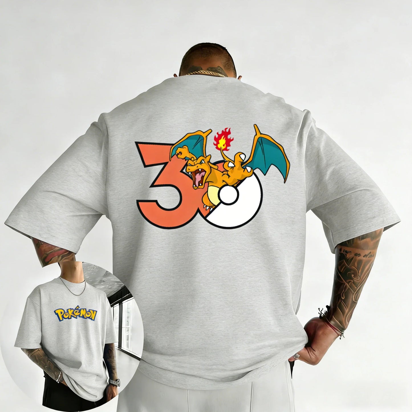 30th Anniversary Charizard Printed T-shirt Summer Men's and Women's Loose Casual Hip Hop Trendy Short Sleeve Top