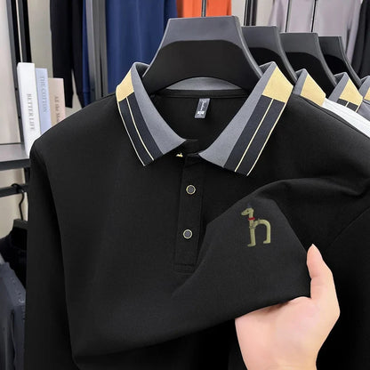 Original Design Men's Lapel Polo Shirt Autumn New Solid Color Print Long Sleeve T-Shirt High-End Business Leisure Men's Clothing