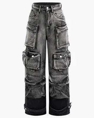 Women's Straight Jeans Fashion Trend Multi-Pocket Large Size Overalls Women