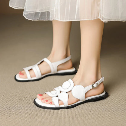 Women's New Round Head Spring/Summer Genuine Leather Sheepskin Spliced Low Heel Large Size Elastic Open Toe Sandals