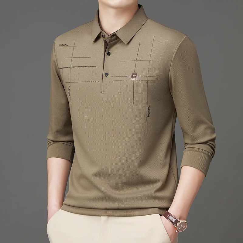 2025 Latest Autumn New Men's Long Sleeve Polo Shirt Middle Aged Business Comfortable Solid Color Men's Collar T-shirt