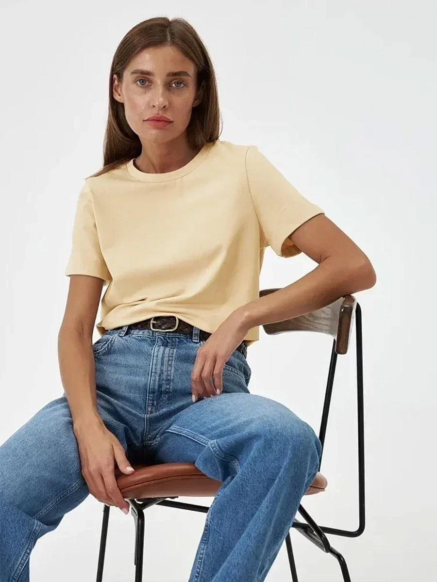 Summer 100% Cotton Women's T-shirt Bottoming Basic Fashionable Solid Lady Short Sleeve Loose Tops Shirts 230g/㎡ Tops