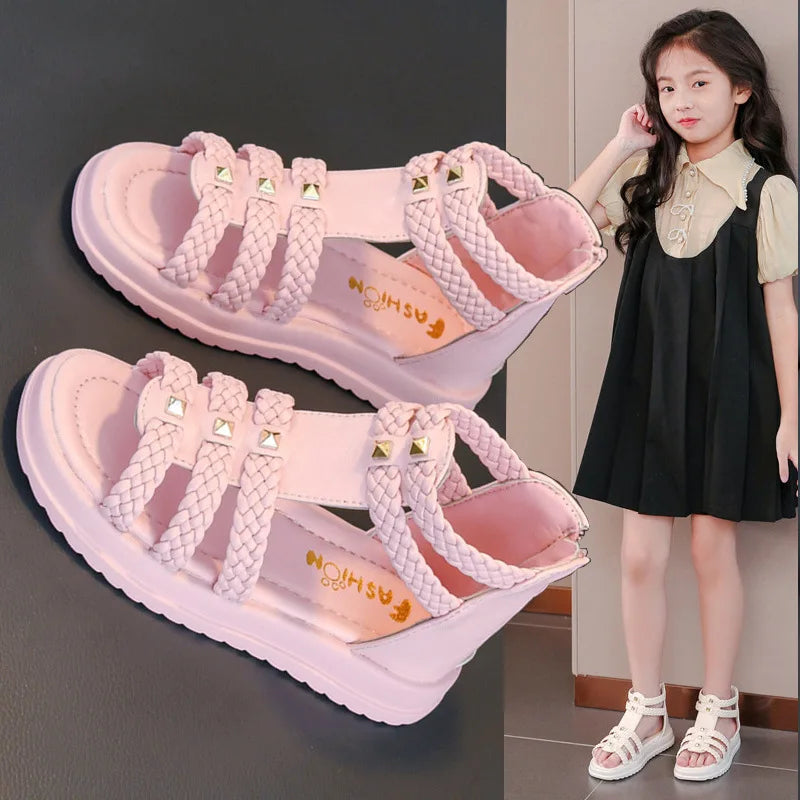 2026 Summer Gladiator Children Sandals Girl Soft Princess Shoes Retro Black Roman Sandal Outdoor Braided Shoe White Kids Shoes