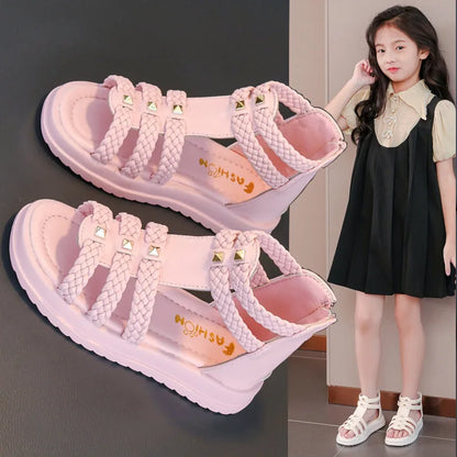 2026 Summer Gladiator Children Sandals Girl Soft Princess Shoes Retro Black Roman Sandal Outdoor Braided Shoe White Kids Shoes