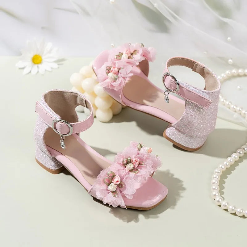2026 Summer Kids Elegant Sandals New Sequins Girls Catwalk Shoes for Wedding Party Fashion Flower Children's Princess High Heels