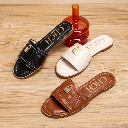 Woman Flat Shoes Summer New Solid Color Embossed Sandals Simple Fashion Slippers For Girl Students Shoes