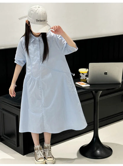 Girls' Dress Short Sleeve Fluffy High-End School Style Medium to Large Sizes Trendy Fashionable, Lightweight