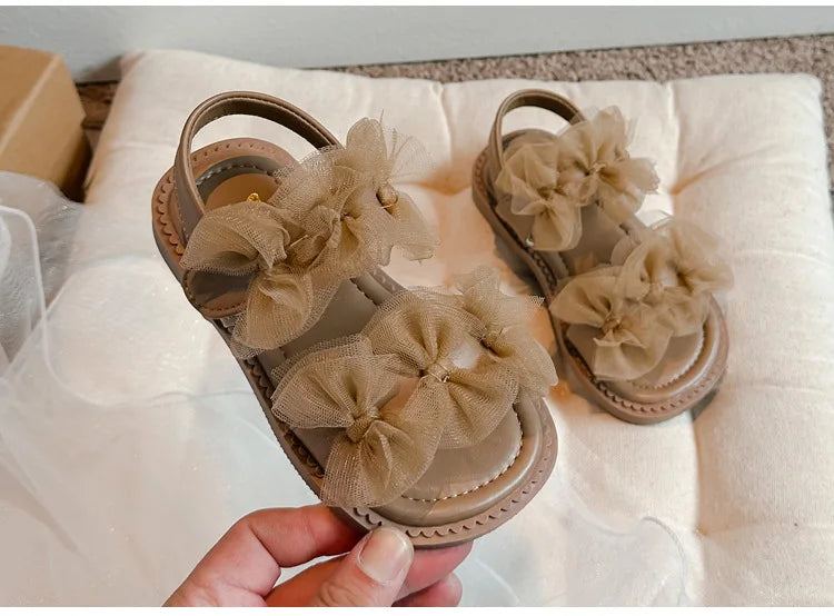 Girls' Sandals 2024 Summer New Fairy Style Princess Sandals with Mesh Bow Kids Versatile Fashion Sweet Beach Shoes for Vacation
